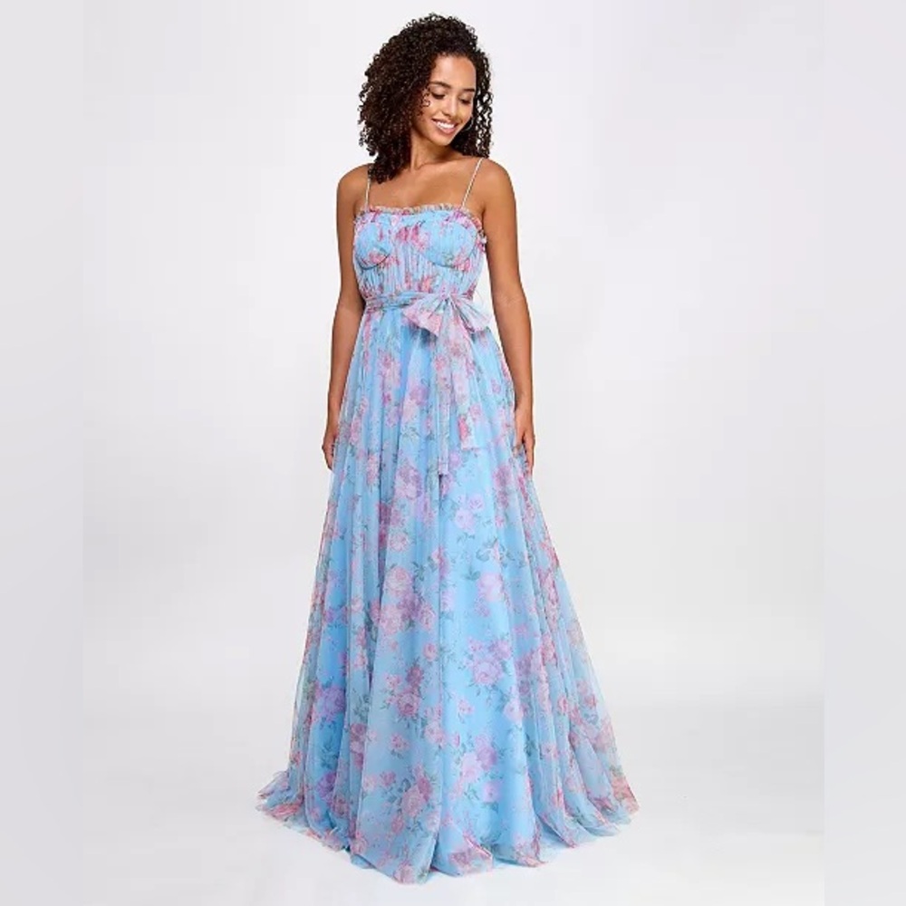 City Studios Juniors’ Blue Floral-Print Bustier Prom Gown size 5/6 NWT